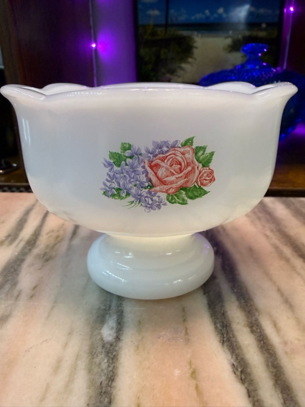 Vintage Avon White Floral Milk Glass Trinket dish - Pink Rose & Lavender Accent
